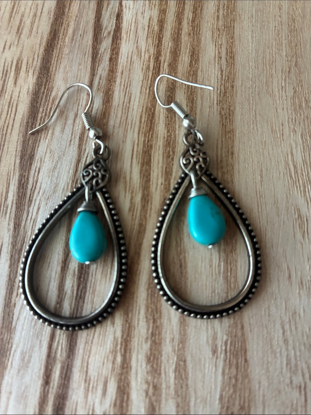 Turquoise Teardrop Dangle Earrings - Silver-Tone